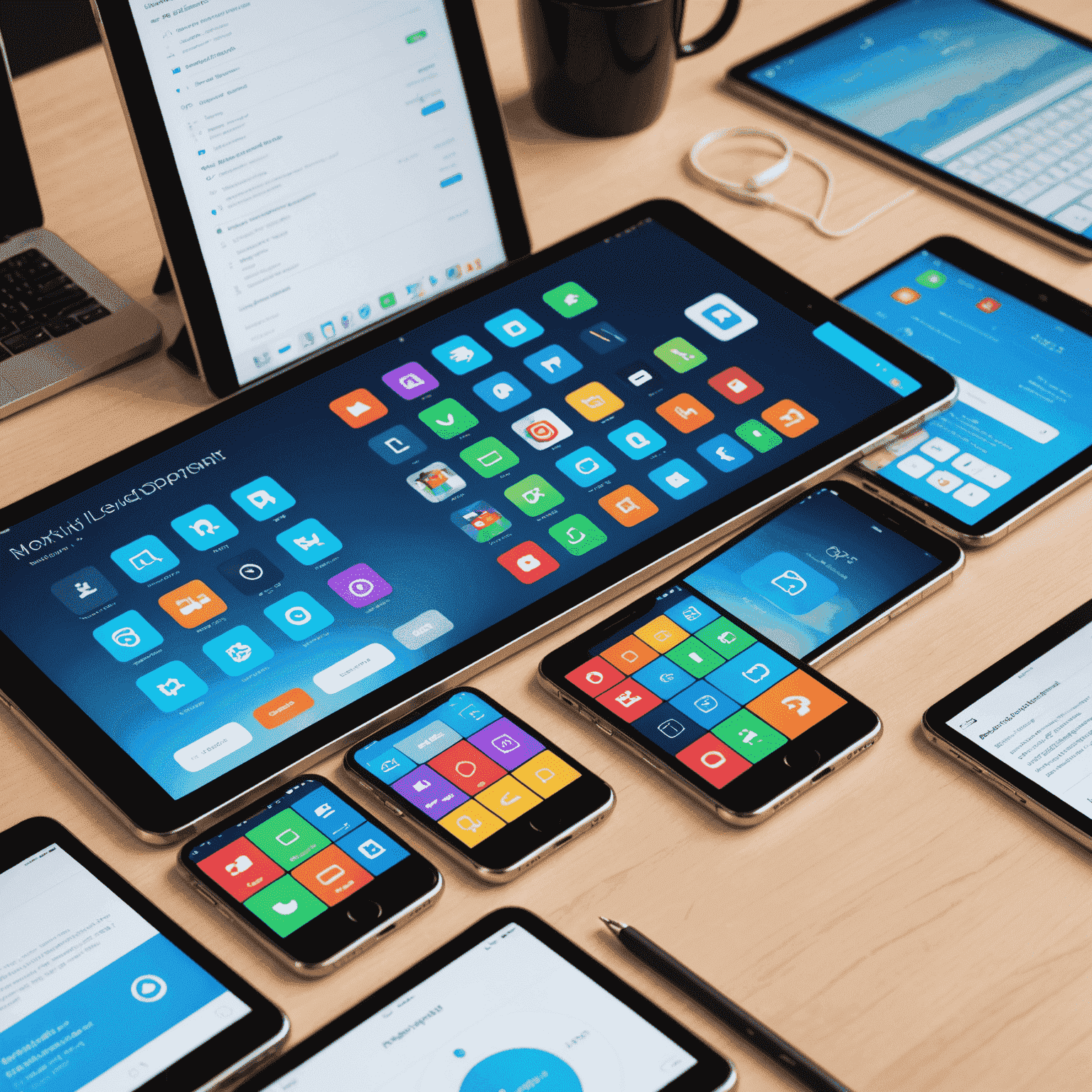 صورة توضيحية لتطوير تطبيقات الجوال، تظهر شاشات متعددة لأجهزة iOS وAndroid مع رموز البرمجة في الخلفية