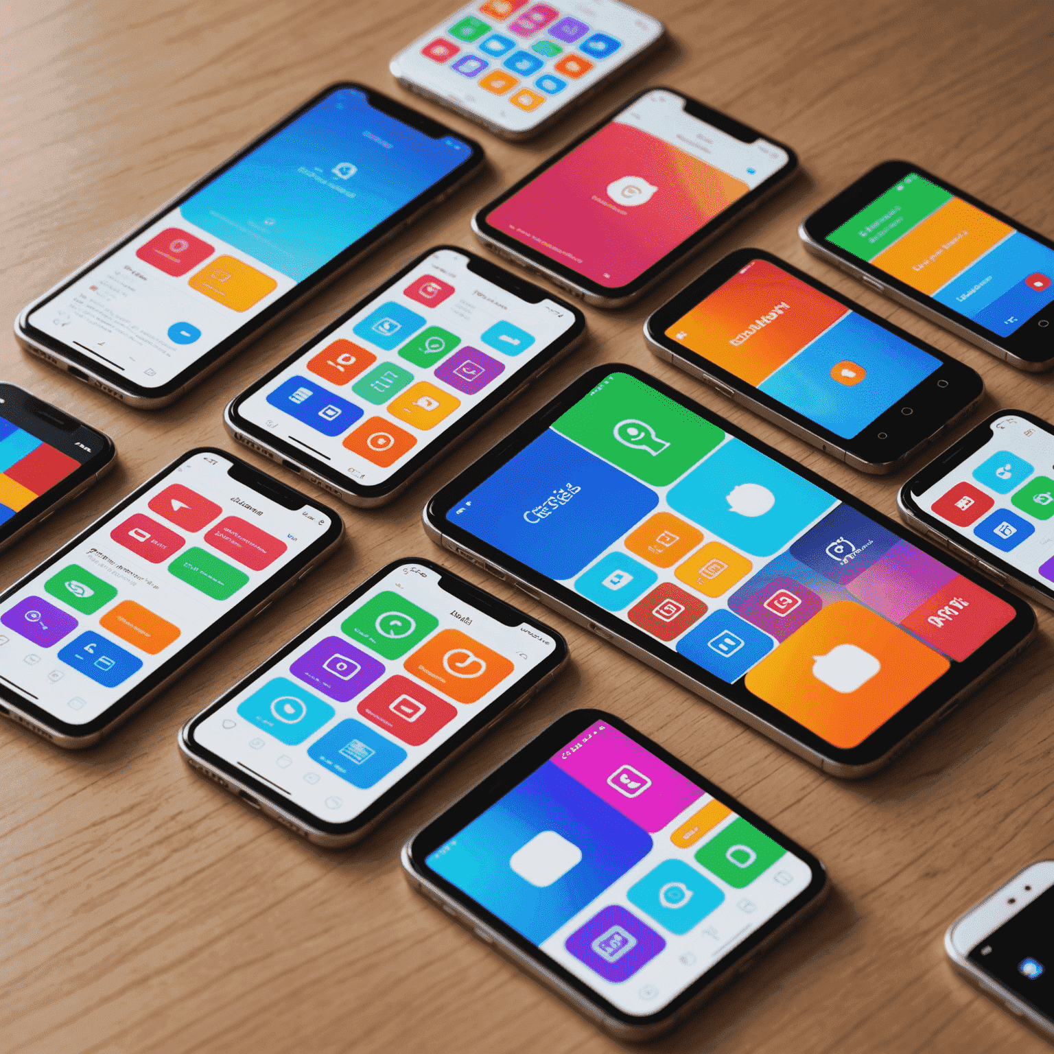 صورة توضيحية لتطوير تطبيقات الهاتف المحمول تظهر شاشات متعددة لأجهزة iOS وAndroid مع واجهات مستخدم جذابة ورموز تطبيقات ملونة