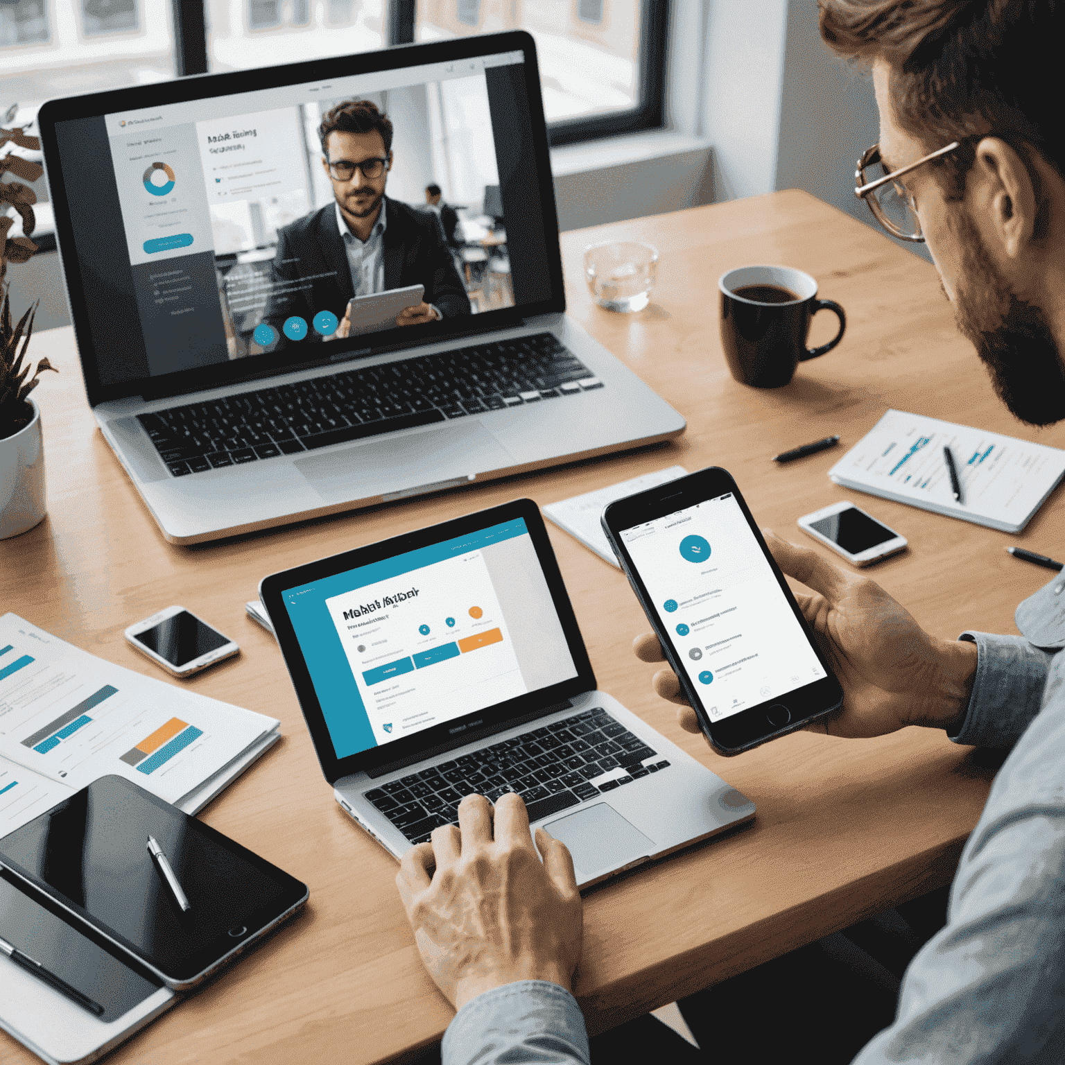 صورة توضيحية لاختبار تطبيقات الهاتف المحمول تظهر شخصًا يستخدم أجهزة متعددة لاختبار تطبيق
