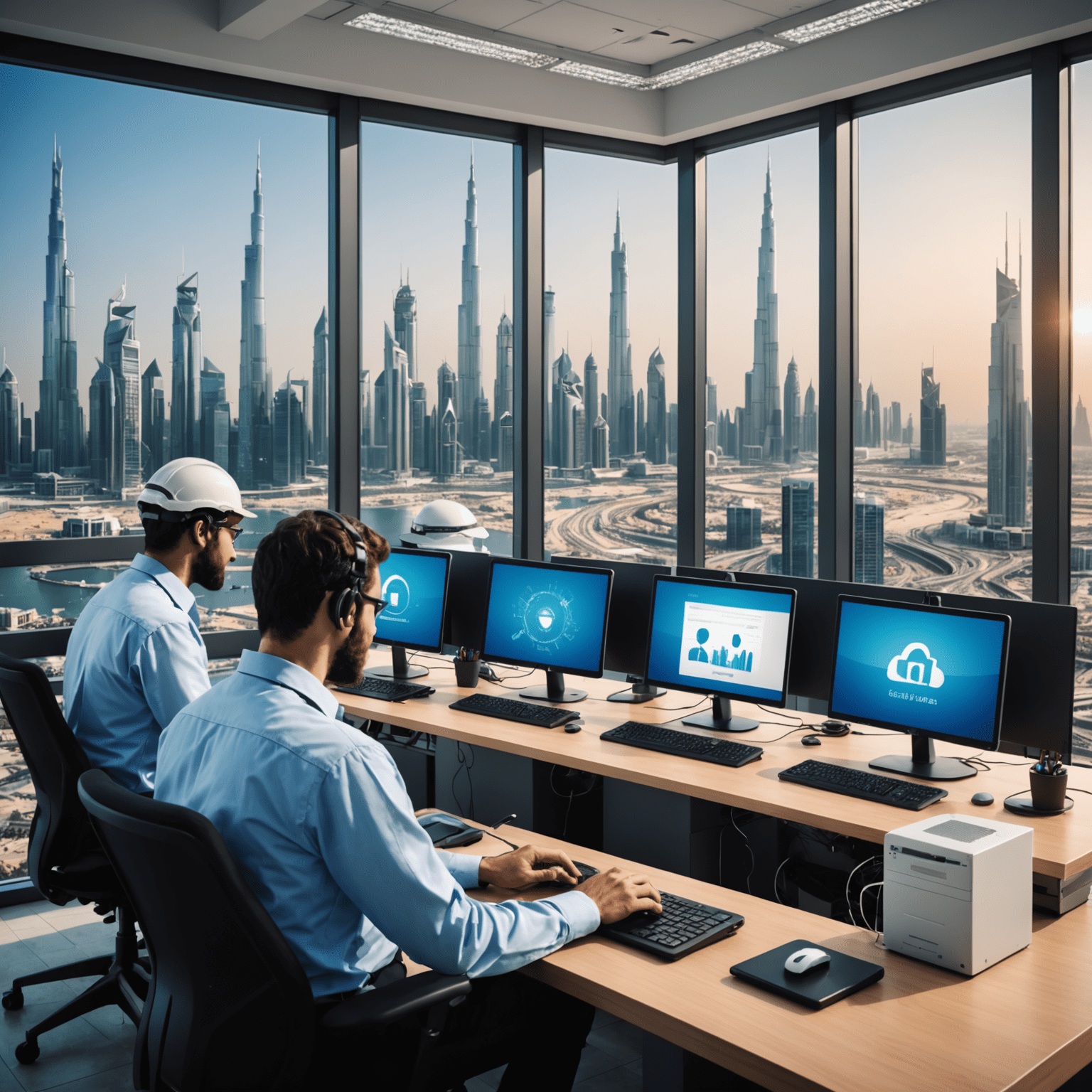 صورة لفريق الدعم الفني يعمل على أجهزة متعددة، مع خلفية تظهر أفق مدينة في الإمارات العربية المتحدة