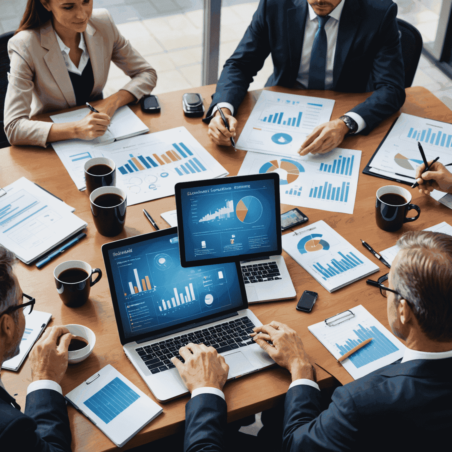 صورة توضيحية لاستشارات استراتيجية الجوال، تظهر اجتماعًا تجاريًا مع عروض تقديمية ومخططات استراتيجية لتكنولوجيا الجوال